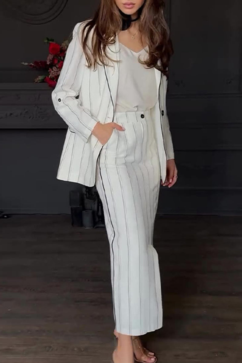 Bieke | Elegant striped print, buttons, slit, turn-down collar, long sleeves, two piece suit
