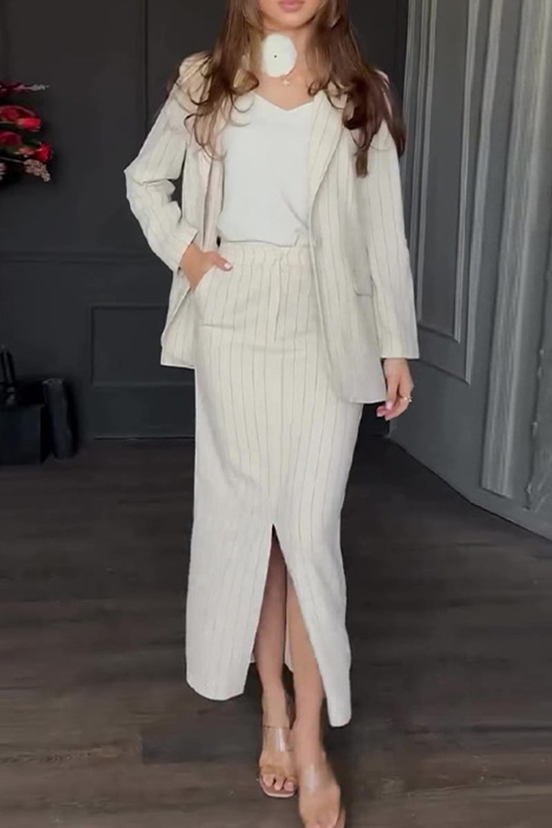 Bieke | Elegant striped print, buttons, slit, turn-down collar, long sleeves, two piece suit