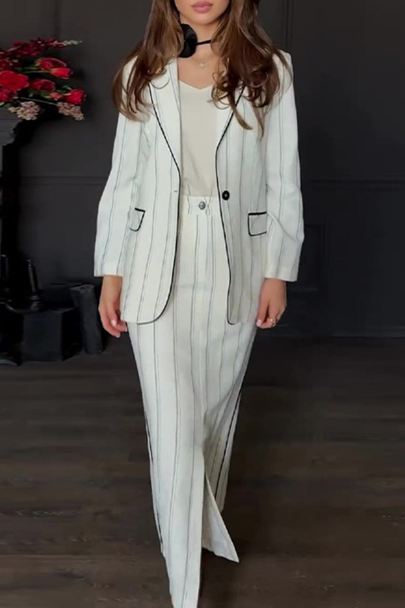 Bieke | Elegant striped print, buttons, slit, turn-down collar, long sleeves, two piece suit