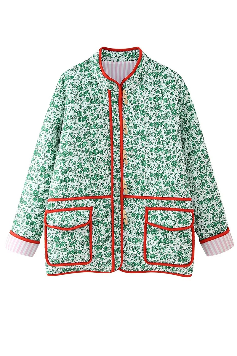 Birgit | Casual floral print outerwear with pocket patchwork contrast O-neck