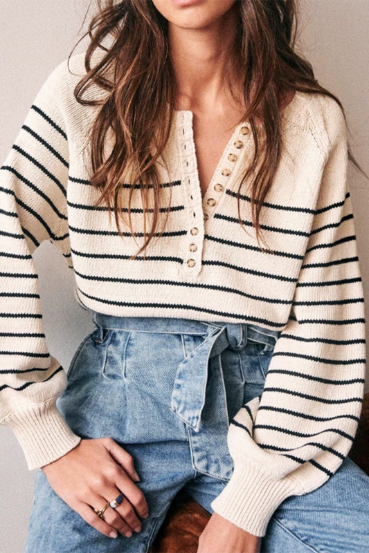 Blanca | Casual striped buckle woven contrast O-neck sweaters