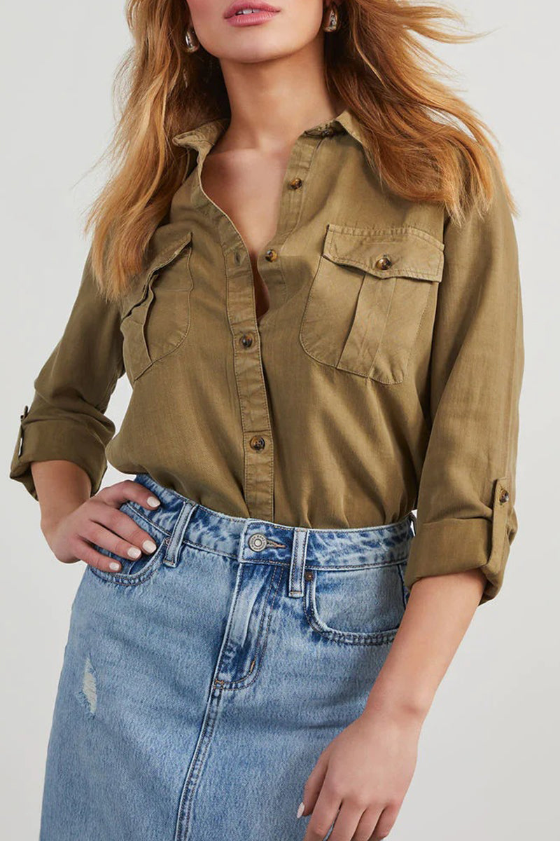 Bregje | Casual, plain blouses with pocket buttons and turn-down collar for everyday wear