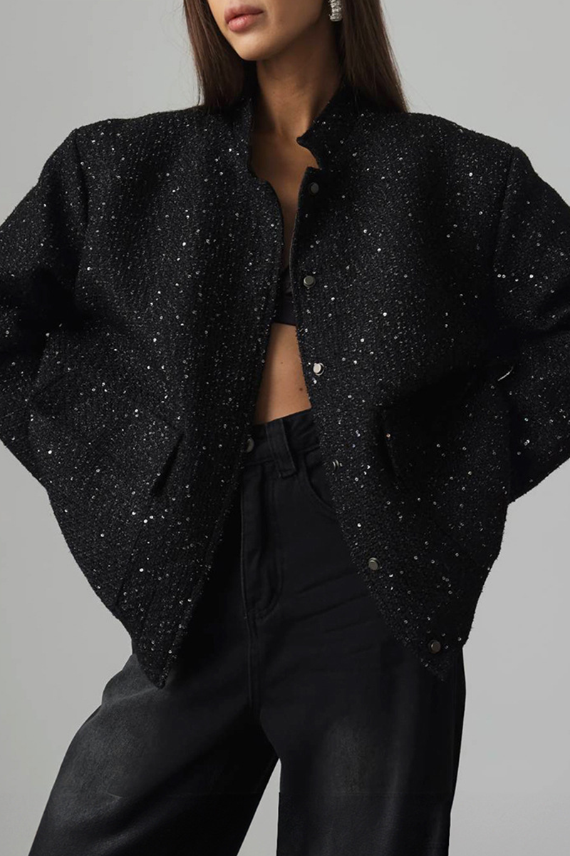 Brigida | Casual everyday outerwear with solid color sequins, patchwork and stand-up collar