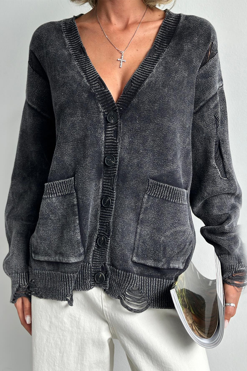 Britt | Casual everyday outerwear with solid color ripped pockets, buttons and V-neck
