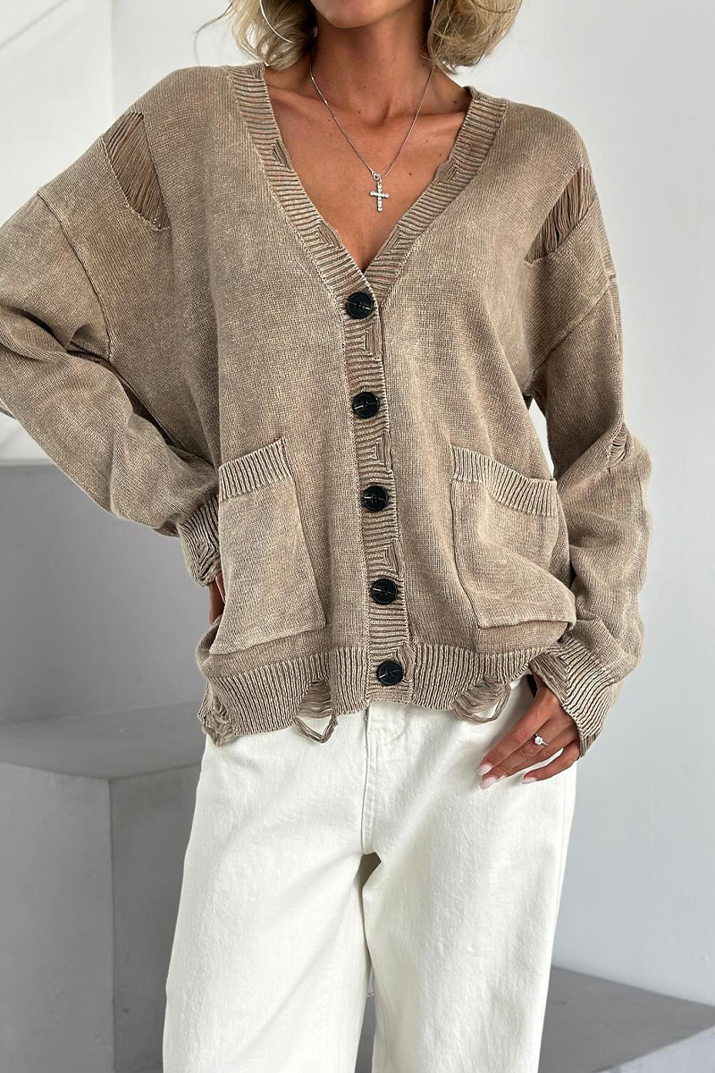 Britt | Casual everyday outerwear with solid color ripped pockets, buttons and V-neck