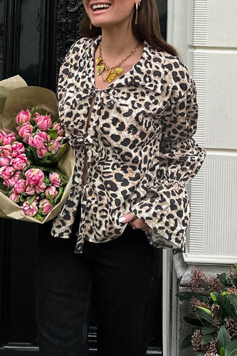 Britta | Casual street blouses with leopard print and lace-up and turn-down collar