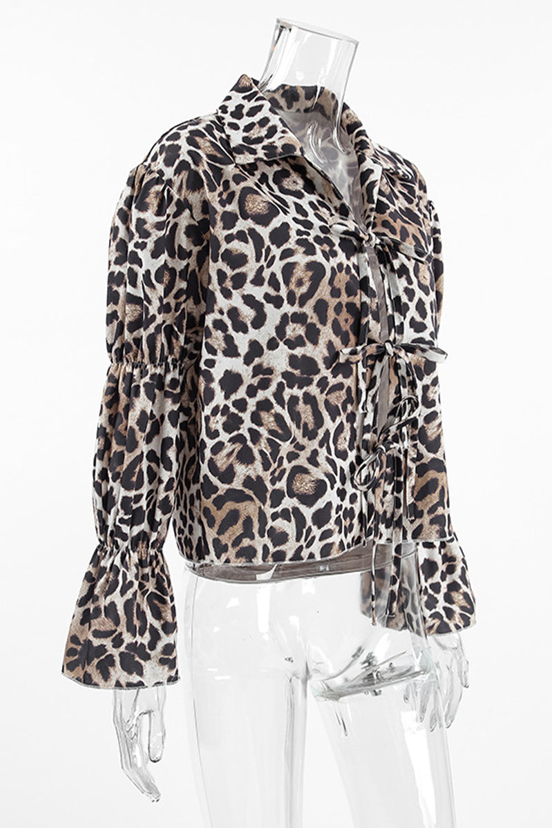 Britta | Casual street blouses with leopard print and lace-up and turn-down collar