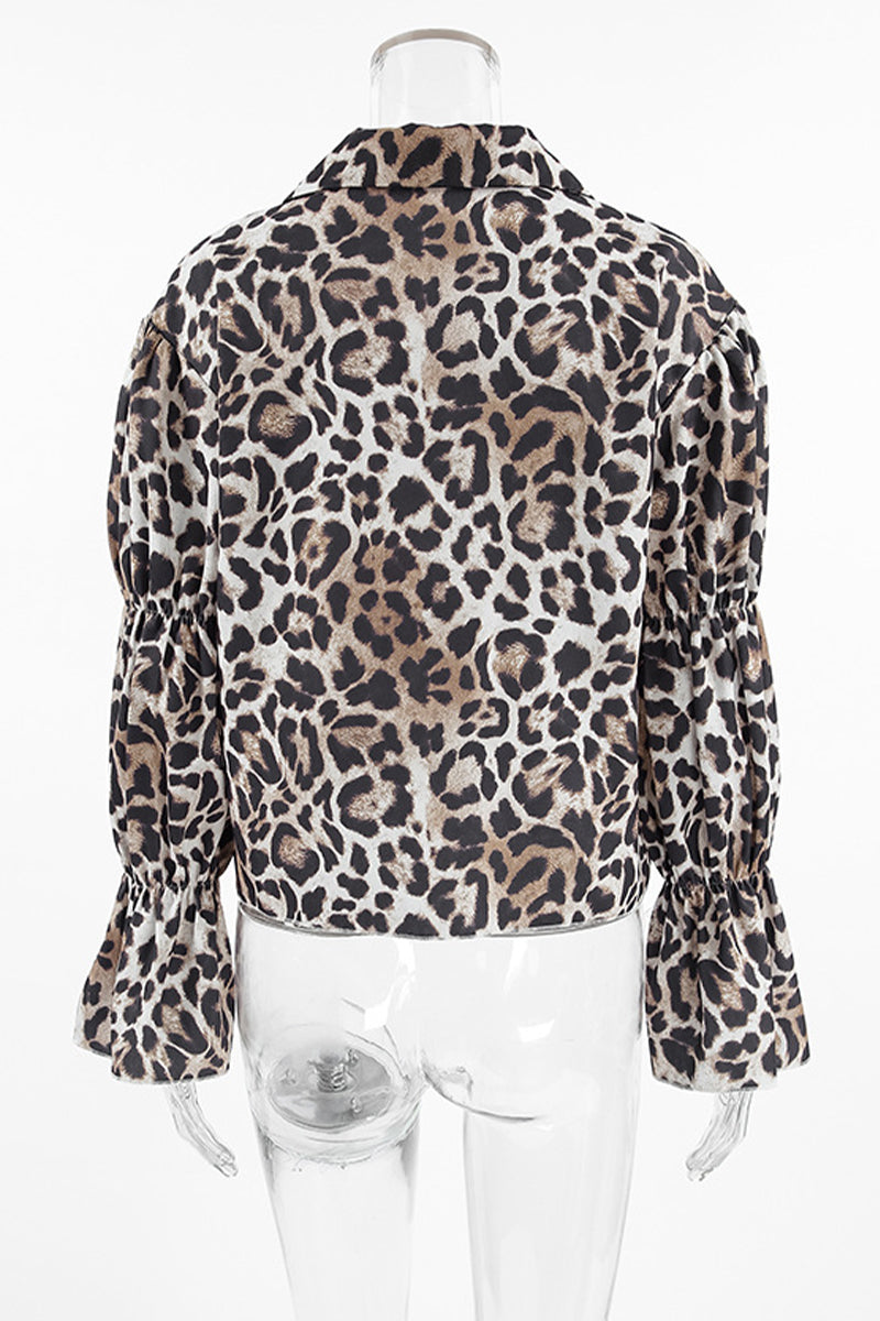 Britta | Casual street blouses with leopard print and lace-up and turn-down collar