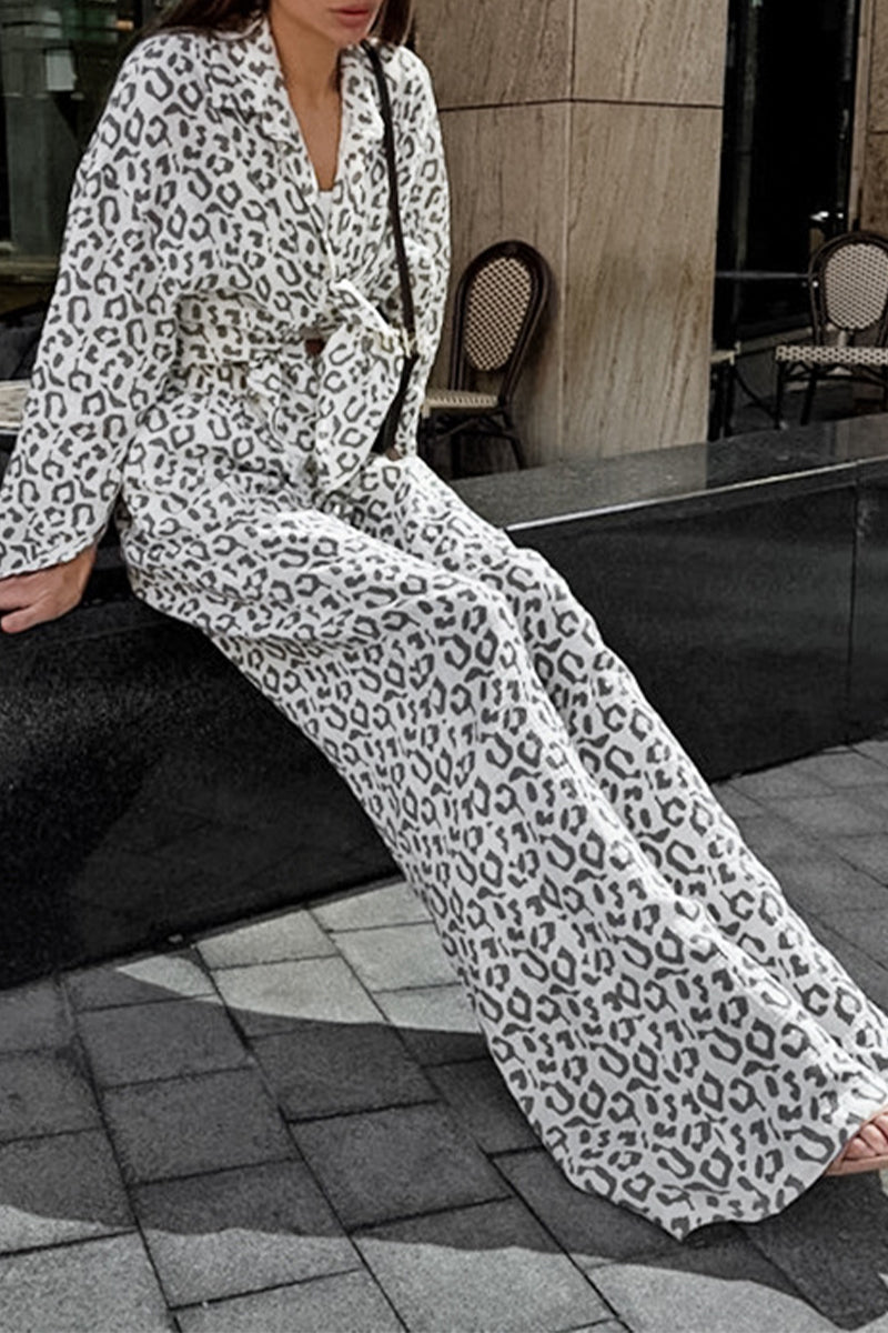 Carlota | Casual street patchwork leopard print turn-down collar long sleeve two piece