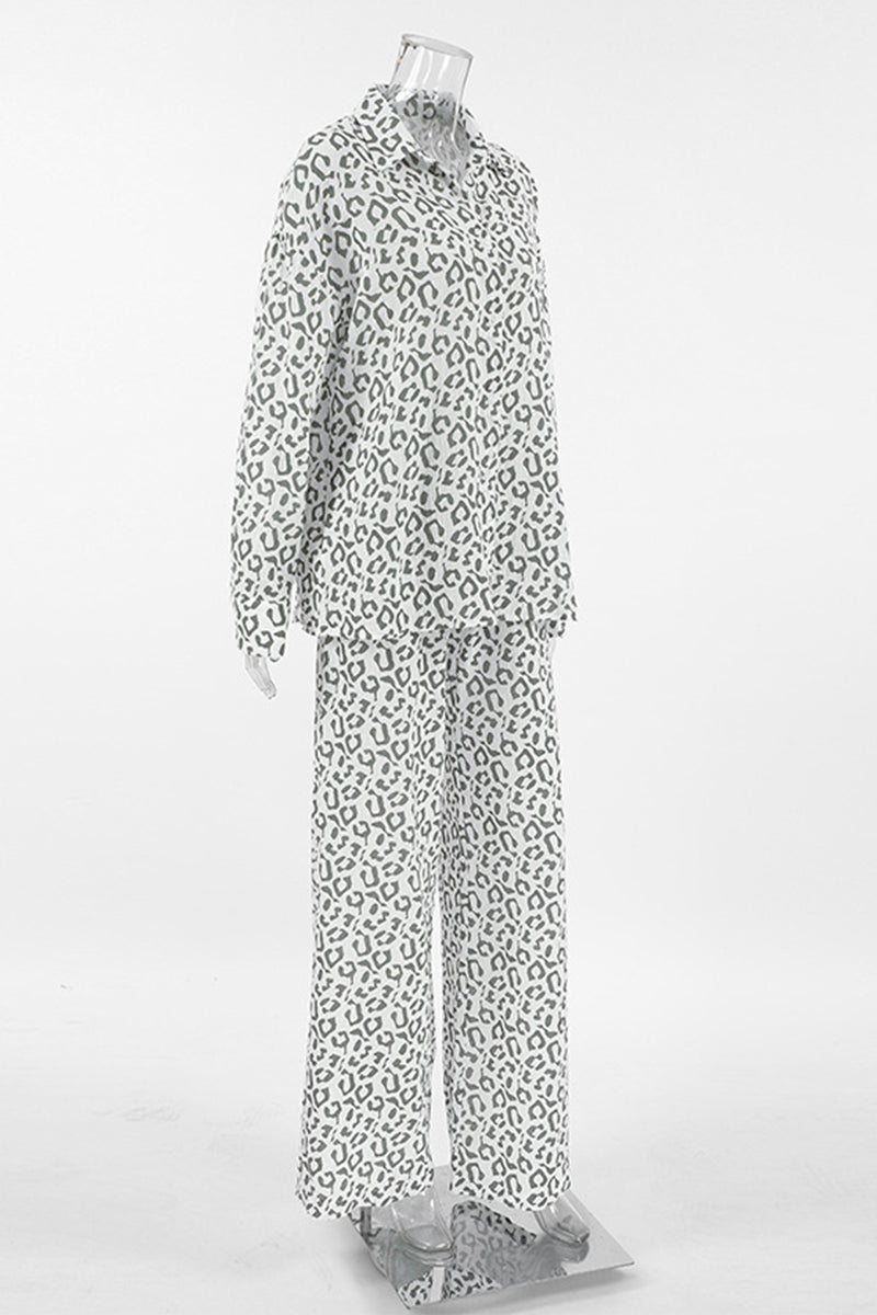 Carlota | Casual street patchwork leopard print turn-down collar long sleeve two piece