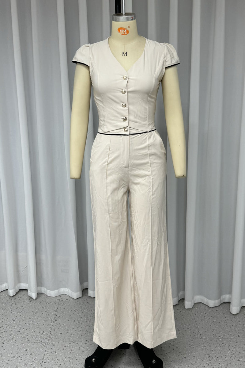 Carla | Casual solid color pocket buttons V-neck short sleeve two-piece suit
