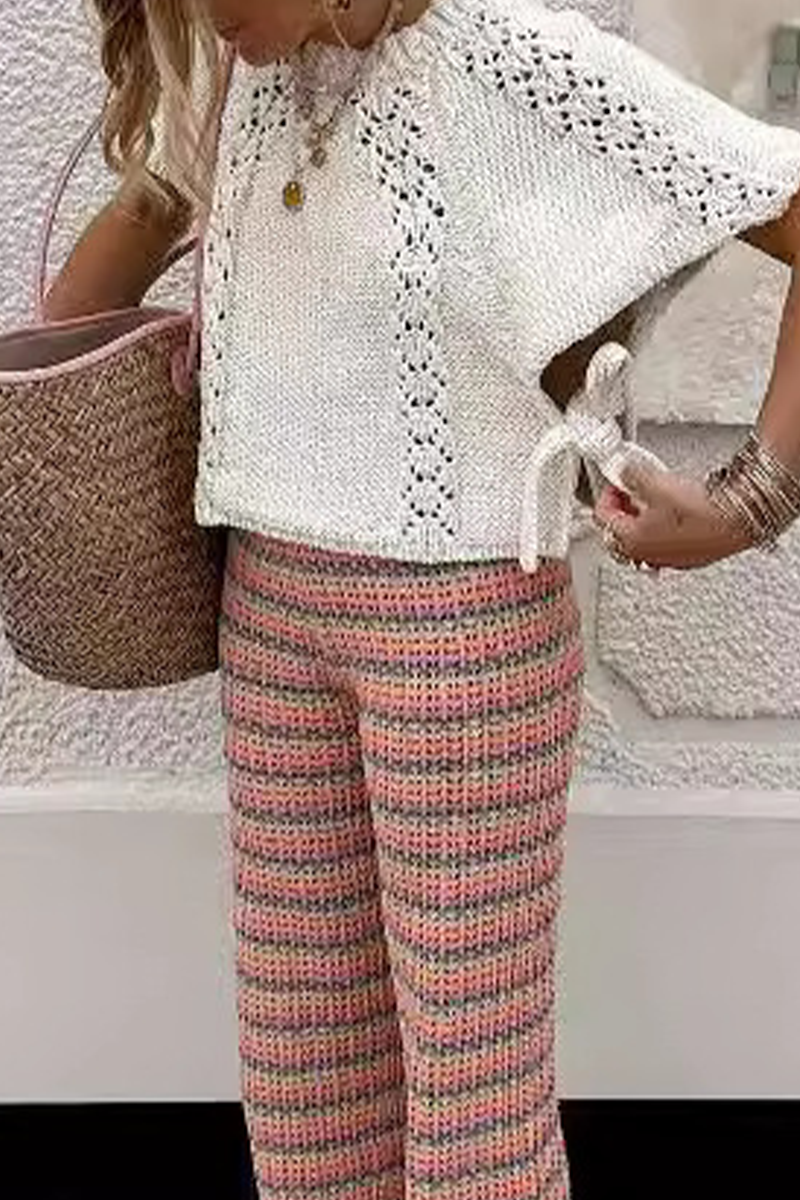 Catalina | Casual solid color hollow out drawstring woven O-neck sweaters