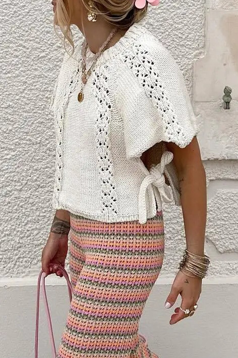 Catalina | Casual solid color hollow out drawstring woven O-neck sweaters