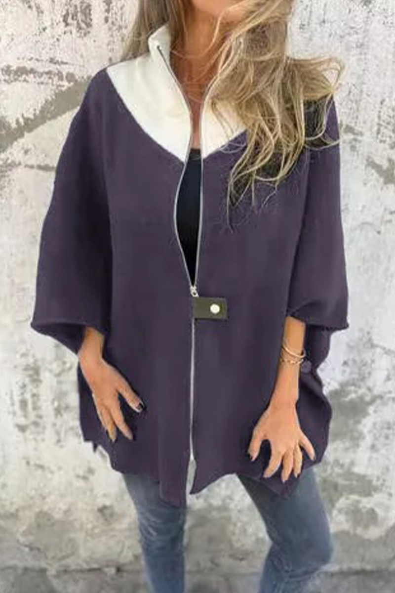 Carolina | Casual patchwork outerwear with zip fastening and contrast stand-up collar