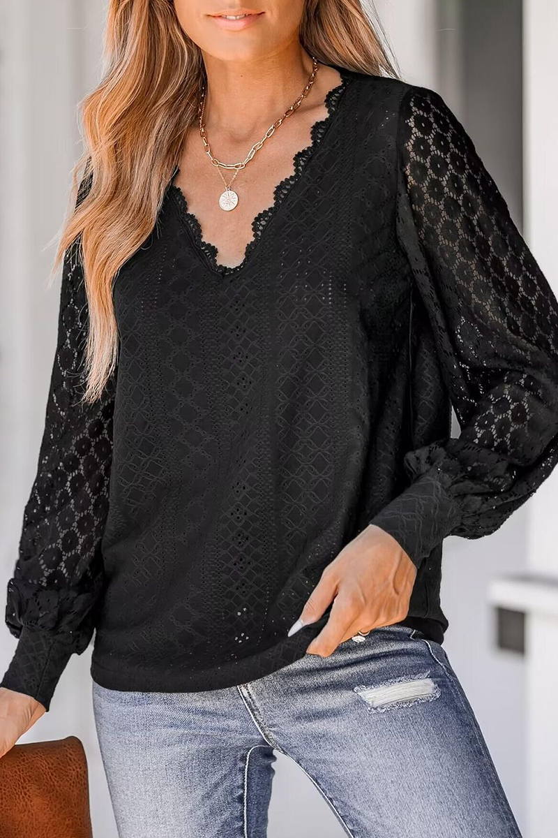 Celia | Casual street blouses made of plain lace with a V-neck