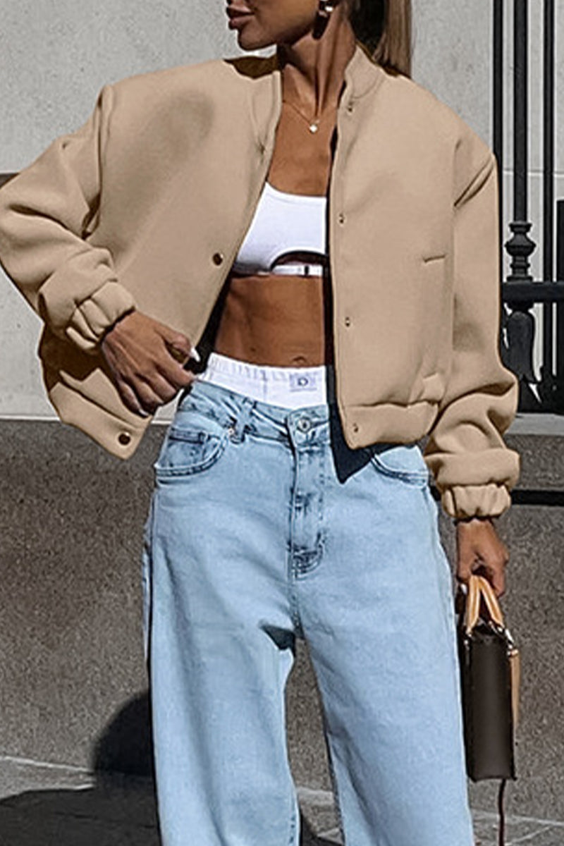 Charlotte | Casual street outerwear with plain pocket large mandarin collar