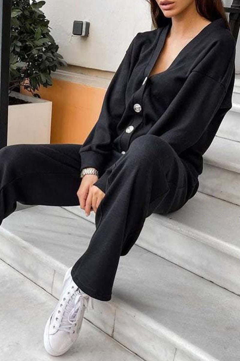 Chantal | Casual, daily, solid color two-piece suit with lace-up, buttons, V-neck and long sleeves
