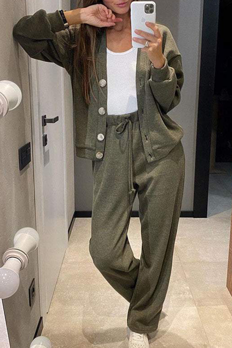 Chantal | Casual, daily, solid color two-piece suit with lace-up, buttons, V-neck and long sleeves