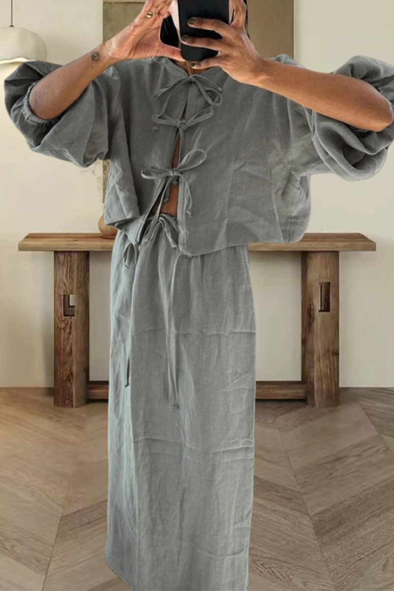 Clara | Casual daily solid color lace-up two-piece suit with O-neck and long sleeves
