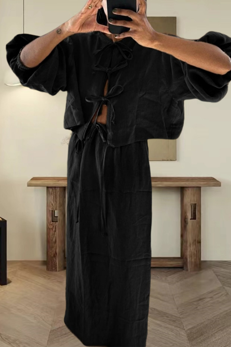 Clara | Casual daily solid color lace-up two-piece suit with O-neck and long sleeves