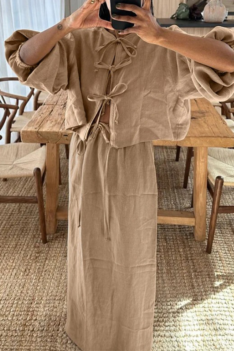 Clara | Casual daily solid color lace-up two-piece suit with O-neck and long sleeves