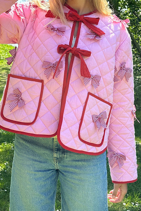 Corina | Casual daily solid color outerwear with pocket bow decor and O-neck
