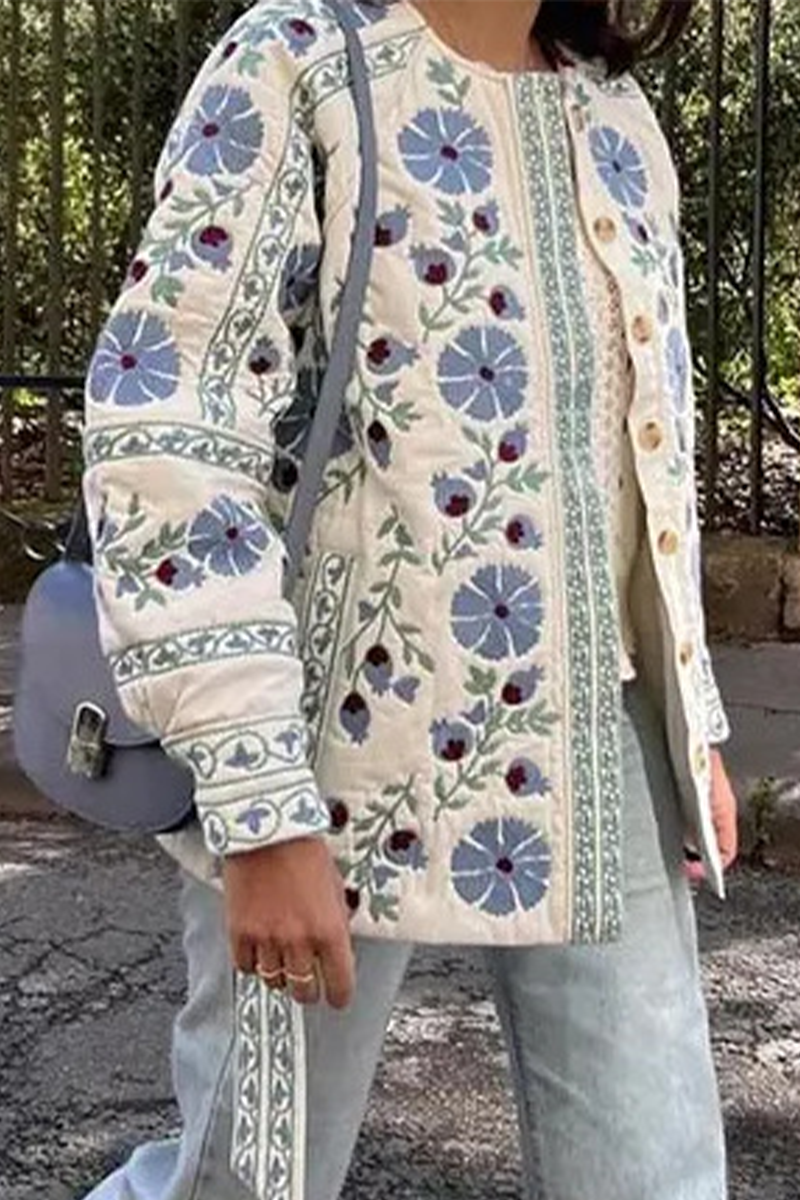 Cristina | Casual street floral outerwear with lace-up buttons and patchwork O-neck