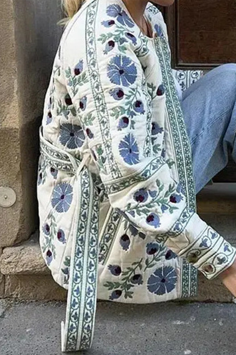 Cristina | Casual street floral outerwear with lace-up buttons and patchwork O-neck