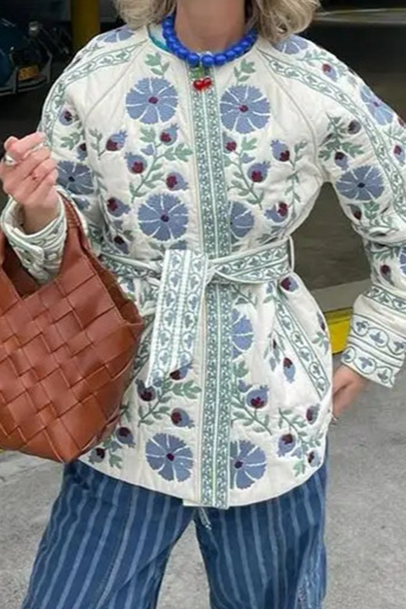 Cristina | Casual street floral outerwear with lace-up buttons and patchwork O-neck