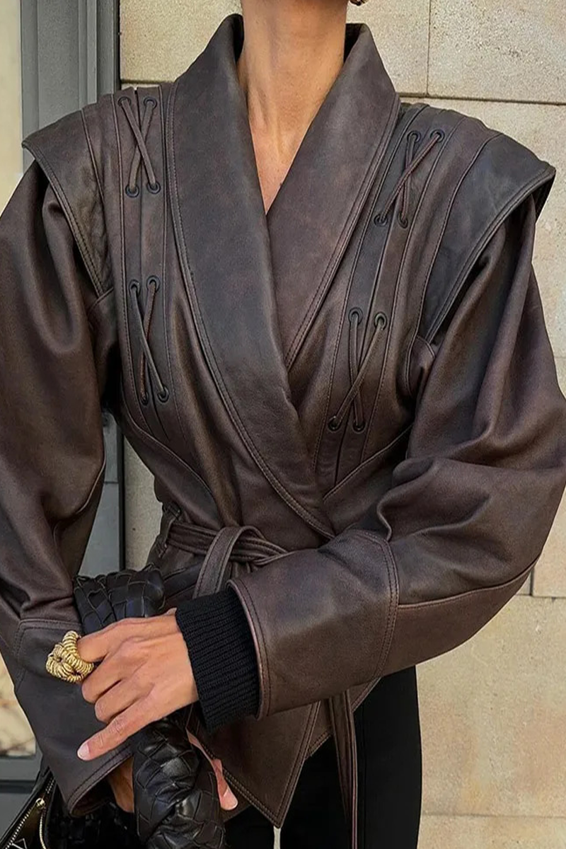 Dagmar | Casual street outerwear with solid color lace-up patchwork turn-down collar