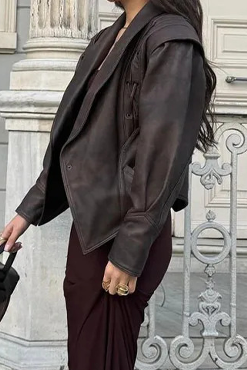 Dagmar | Casual street outerwear with solid color lace-up patchwork turn-down collar
