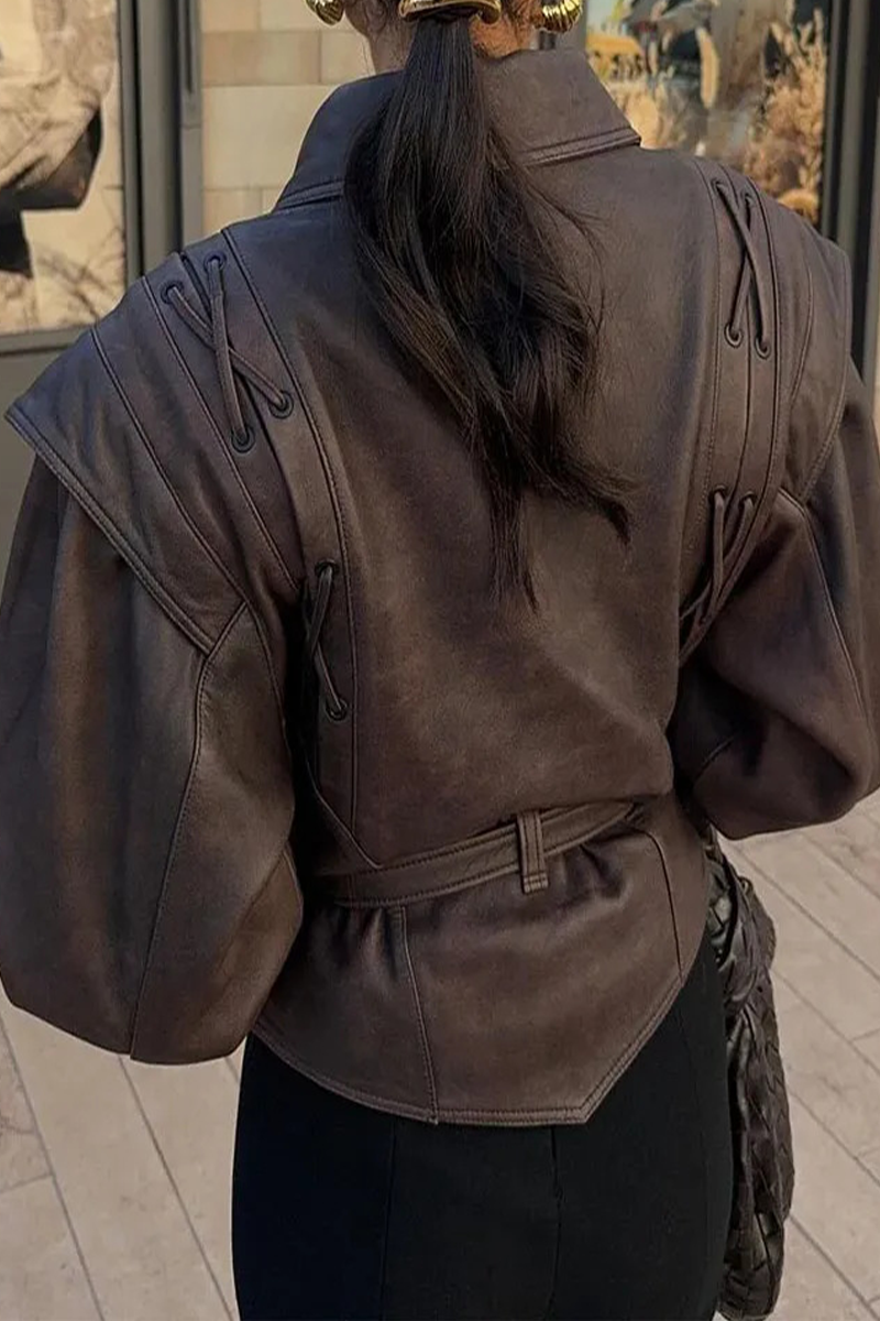 Dagmar | Casual street outerwear with solid color lace-up patchwork turn-down collar