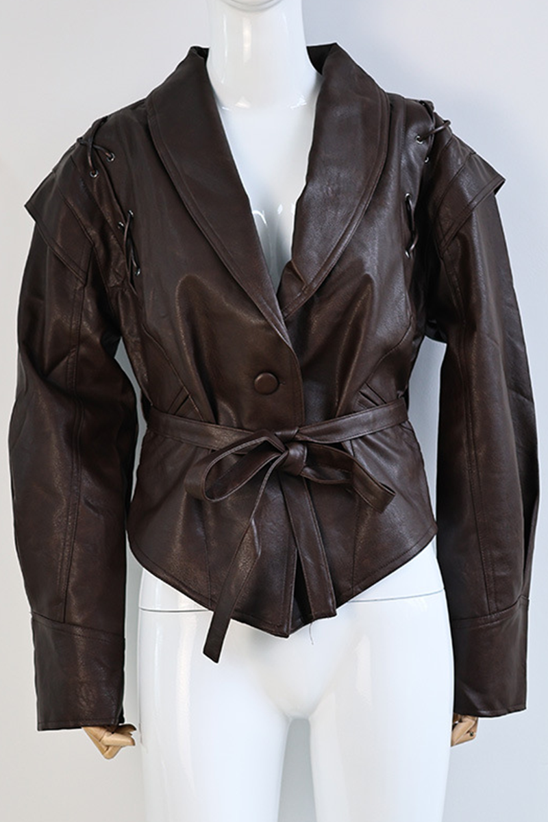 Dagmar | Casual street outerwear with solid color lace-up patchwork turn-down collar