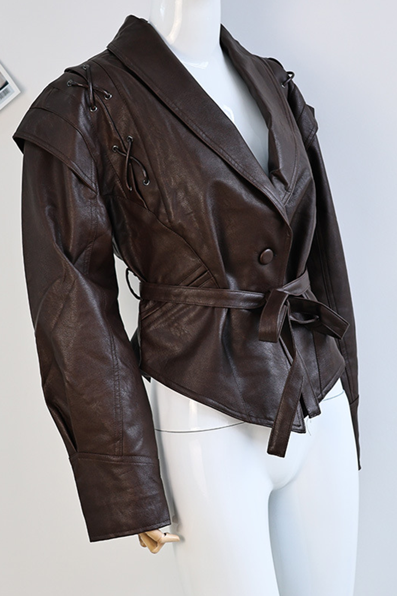 Dagmar | Casual street outerwear with solid color lace-up patchwork turn-down collar