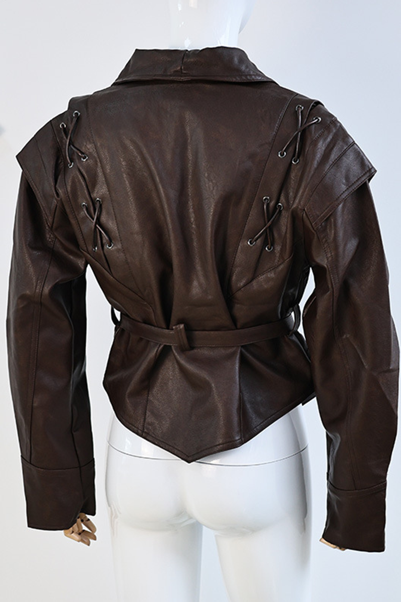 Dagmar | Casual street outerwear with solid color lace-up patchwork turn-down collar