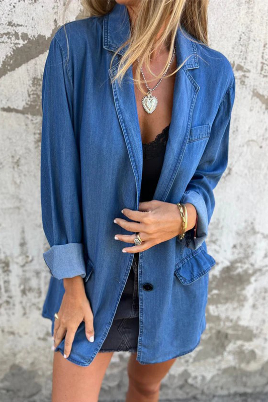 Daisy | Casual, everyday denim jacket with solid color buttons and patchwork turn-down collar, long sleeves and loose fit