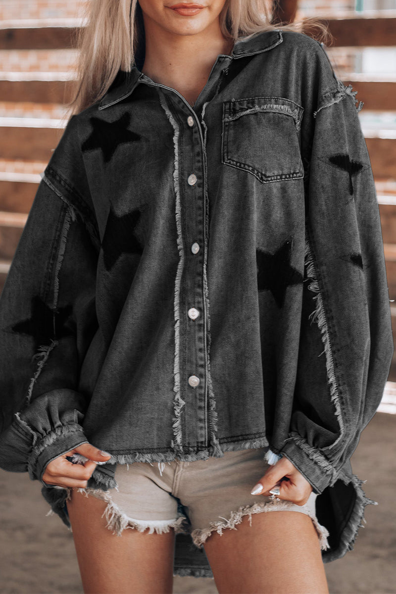 Daniela | Casual Street The Stars Distressed Patchwork Turndown Collar Long Sleeve Loose Denim Jacket