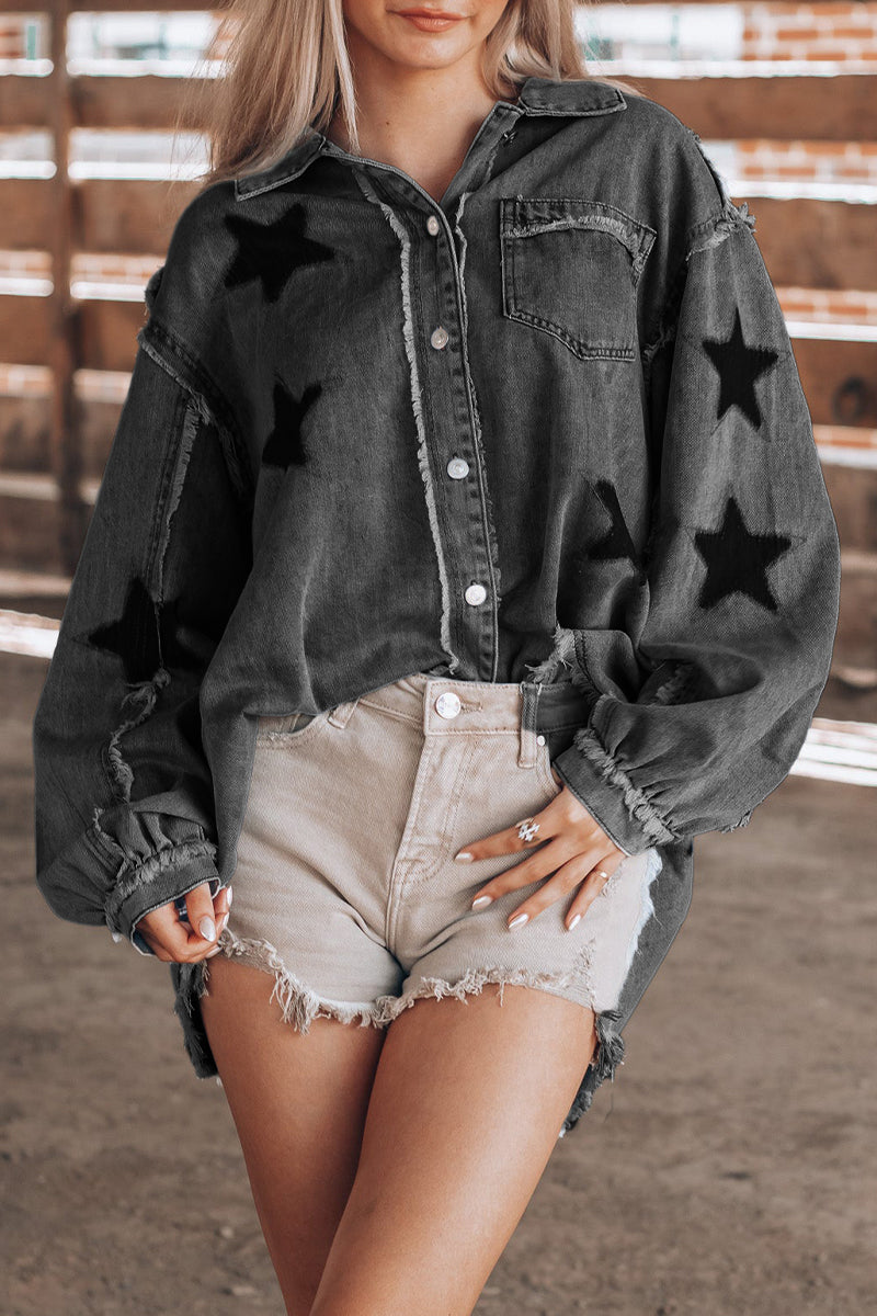 Daniela | Casual Street The Stars Distressed Patchwork Turndown Collar Long Sleeve Loose Denim Jacket