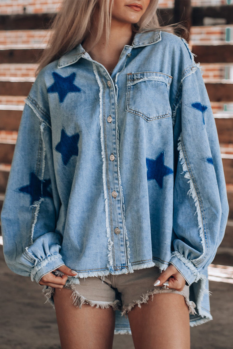Daniela | Casual Street The Stars Distressed Patchwork Turndown Collar Long Sleeve Loose Denim Jacket