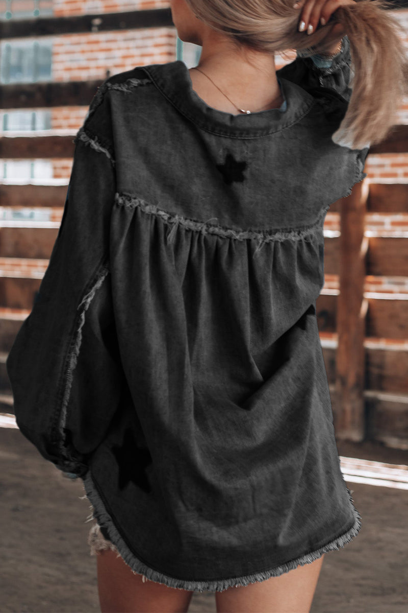Daniela | Casual Street The Stars Distressed Patchwork Turndown Collar Long Sleeve Loose Denim Jacket