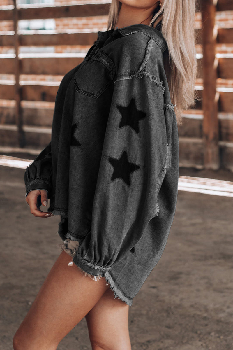 Daniela | Casual Street The Stars Distressed Patchwork Turndown Collar Long Sleeve Loose Denim Jacket
