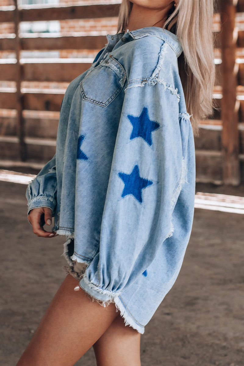 Daniela | Casual Street The Stars Distressed Patchwork Turndown Collar Long Sleeve Loose Denim Jacket