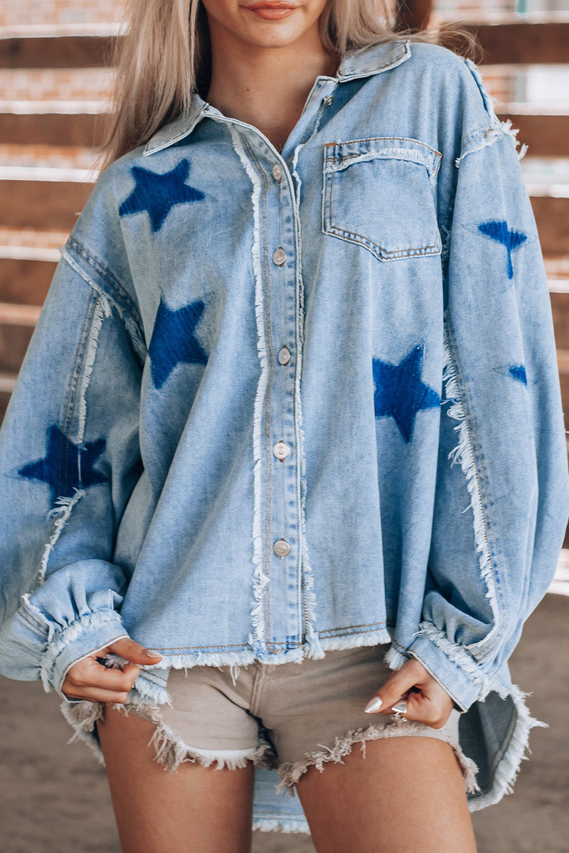 Daniela | Casual Street The Stars Distressed Patchwork Turndown Collar Long Sleeve Loose Denim Jacket