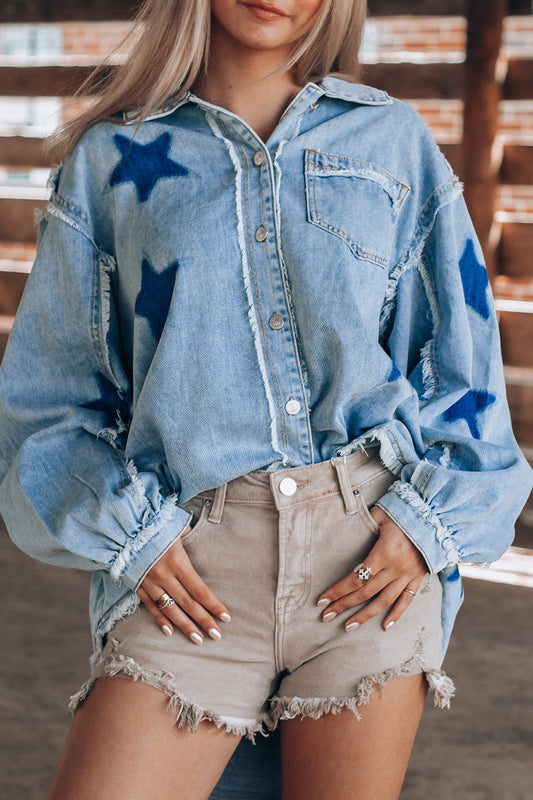 Daniela | Casual Street The Stars Distressed Patchwork Turndown Collar Long Sleeve Loose Denim Jacket