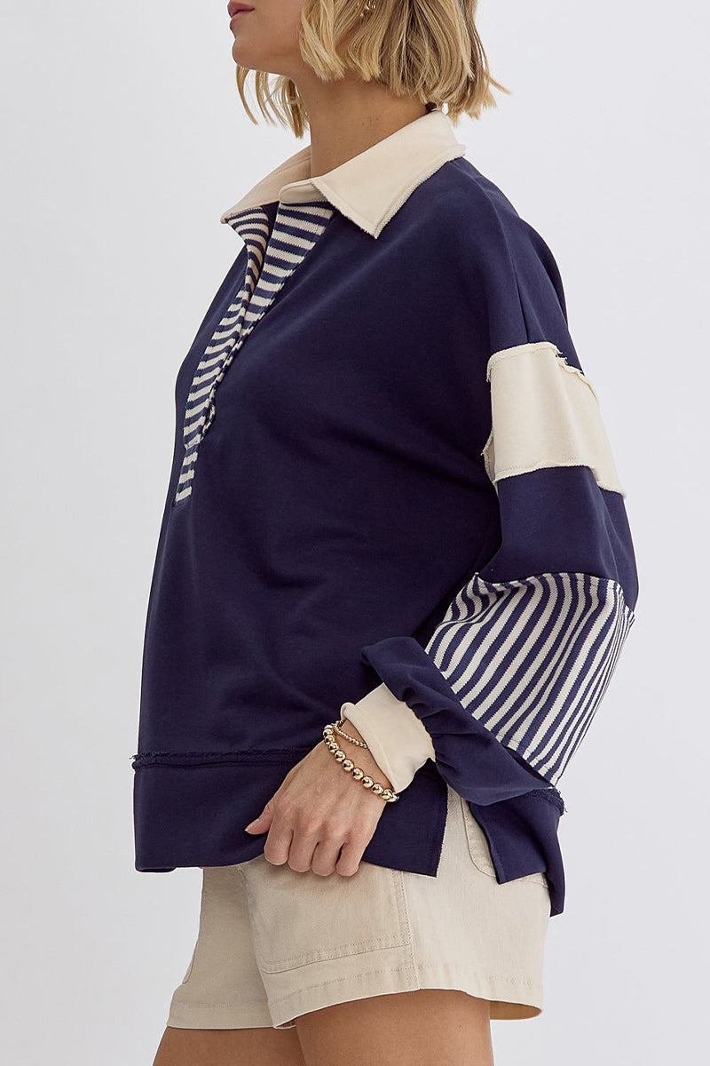 Deborah | Casual tops with street stripe patchwork contrast turn-down collar