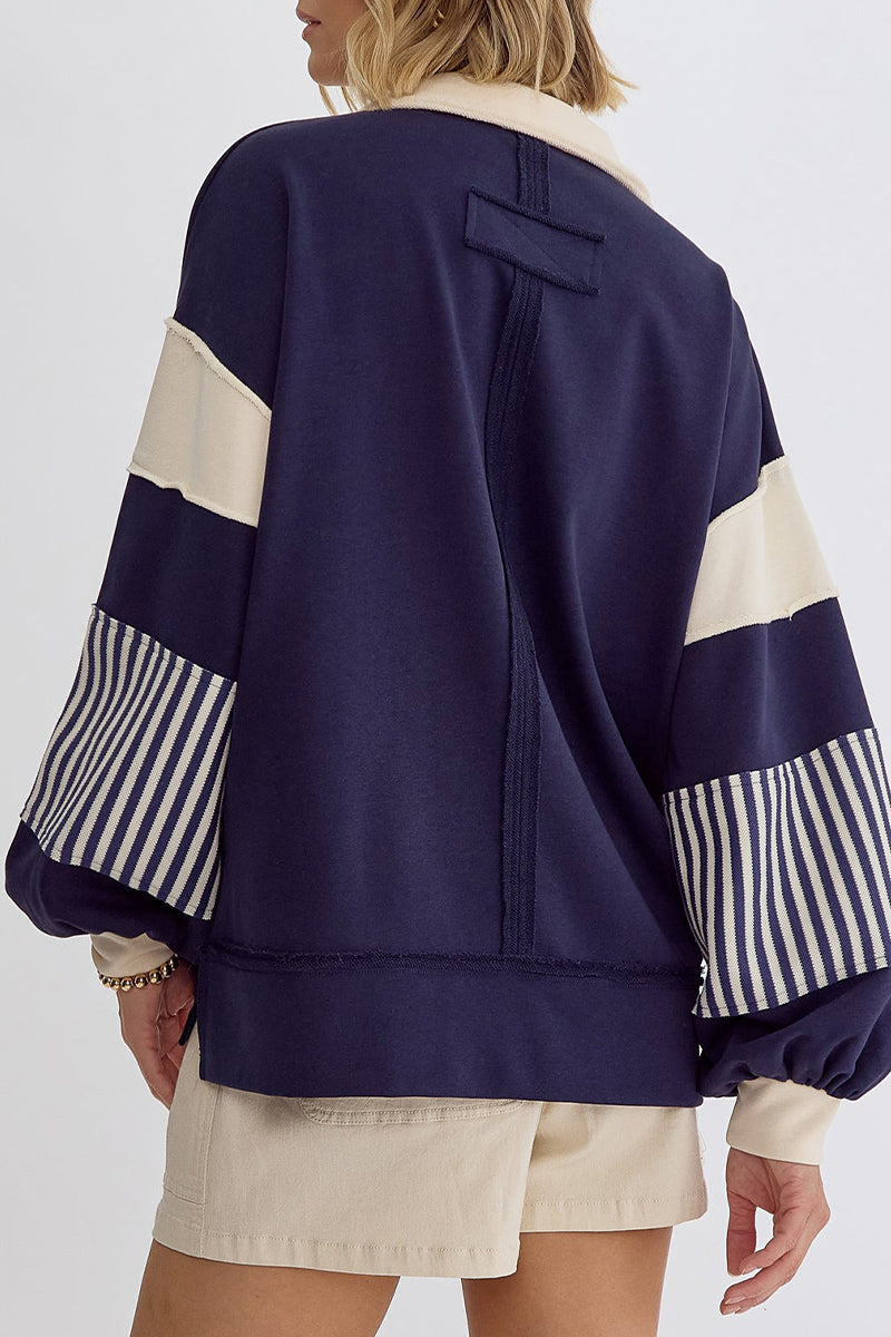 Deborah | Casual tops with street stripe patchwork contrast turn-down collar