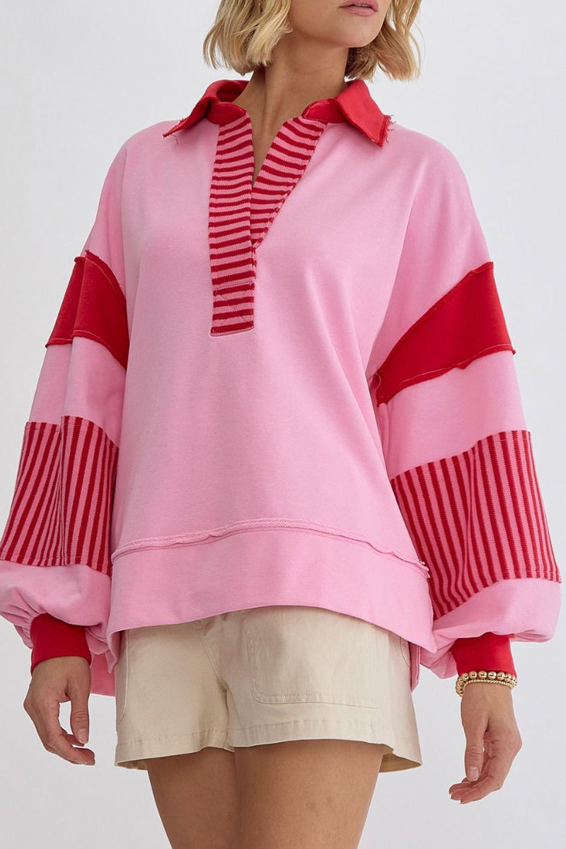 Deborah | Casual tops with street stripe patchwork contrast turn-down collar