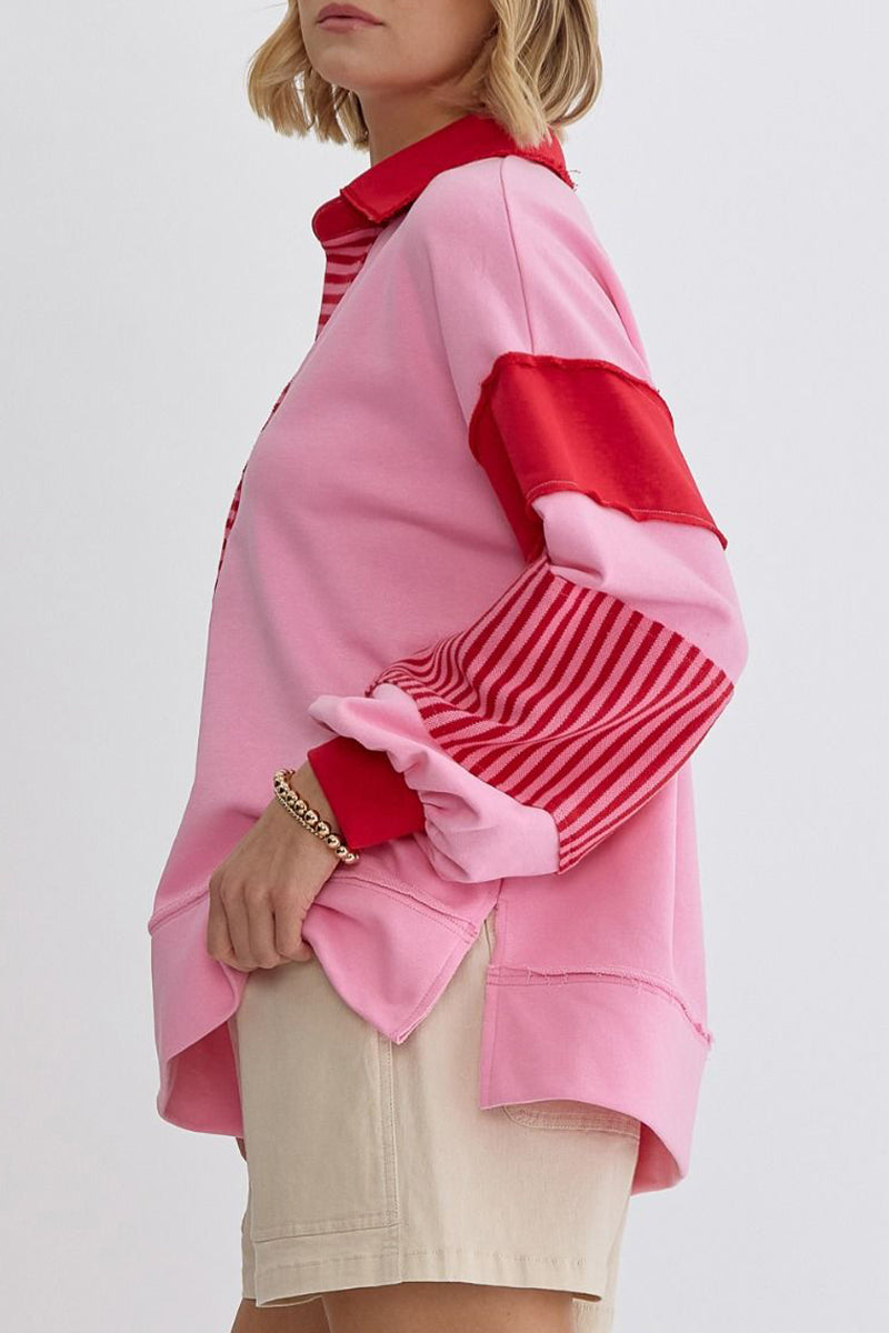 Deborah | Casual tops with street stripe patchwork contrast turn-down collar