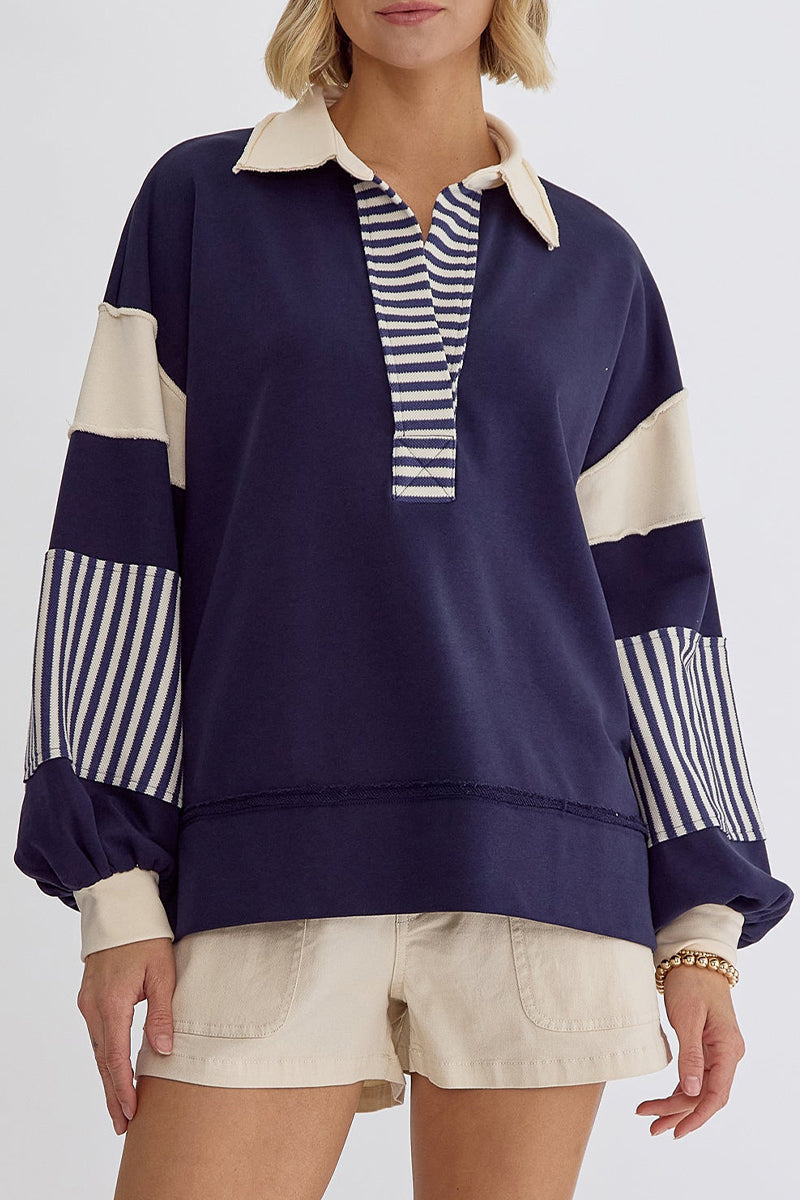 Deborah | Casual tops with street stripe patchwork contrast turn-down collar
