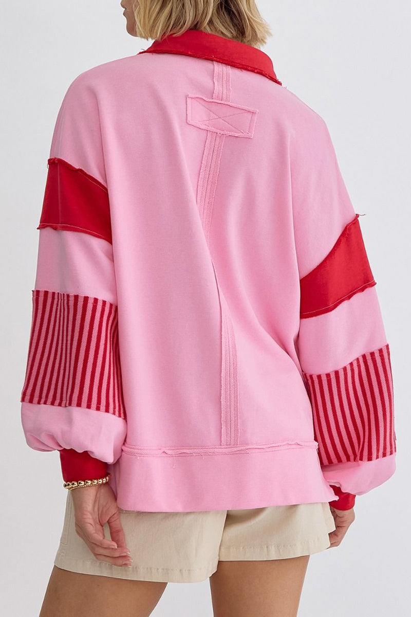 Deborah | Casual tops with street stripe patchwork contrast turn-down collar